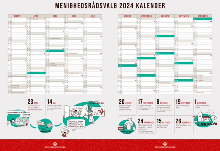 En kalender med oversigt over de vigtigste datoer frem mod menighedsrådsvalget 2024