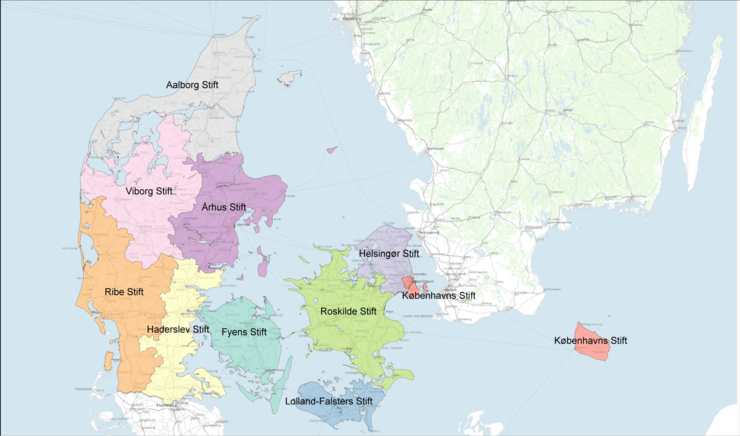 kort over Danmark og inddeling af de ti stifter