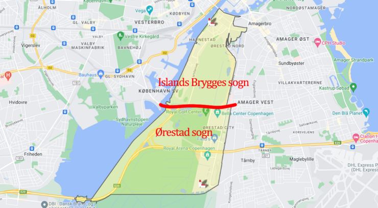 et kort over det nordlige Amager med en indikation af den ny sognegrænse